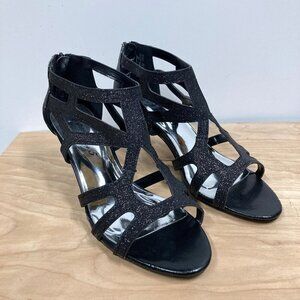 Easy Street Alive At 5 Flattery, Sz 8.5, Dress Dance Sandals Black Glitter Heels